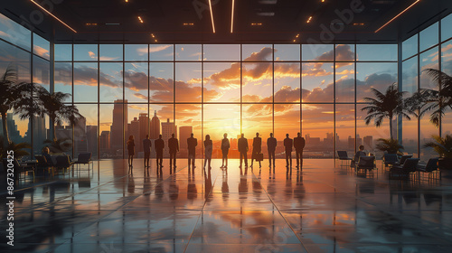 A group of people stands in a modern glass-walled building, watching a stunning sunset over the cityscape image.