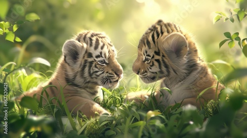 Two white tiger cubs sit in a grassy area, looking at the camera
