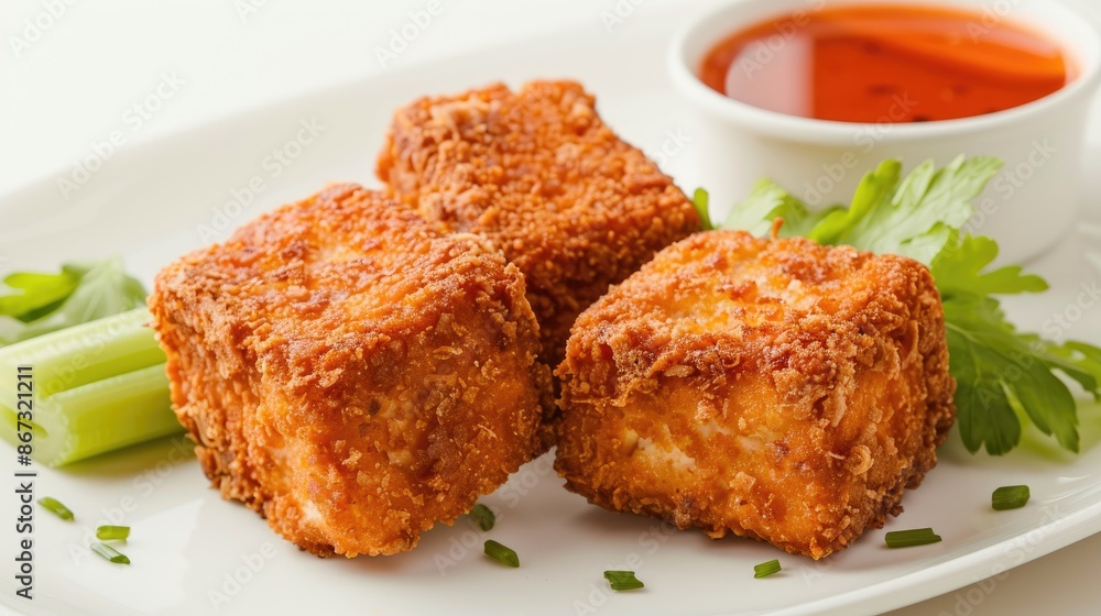 Crispy and soft tofu katsu with celery leaves on a white plate against a white backdrop Crispy and soft tofu katsu with celery leaves on a white plate against a white backdrop
