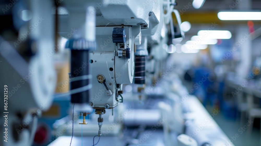 A close-up shot of several industrial sewing machines lined up in a factory, with the focus on the intricate details of the machinery A close-up shot of several industrial sewing machines lined up in a factory, with the focus on the intricate details of the machinery