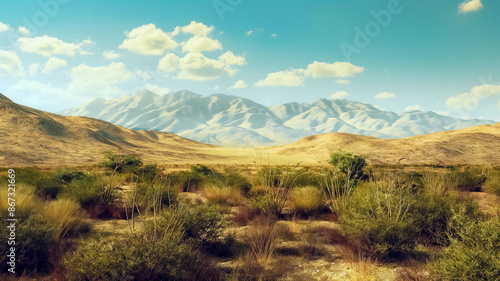 Landscape of desert and mountains in United States of America or Mexico, retro style paint.