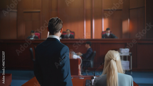 backside of lawyer speaking to attorney judgment in courtroom. legal and law concept