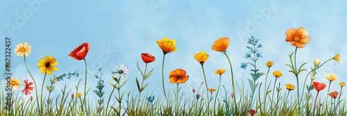 A watercolor illustration of a vibrant wildflower meadow with colorful blooms under a bright blue sky bright simple watercolour 