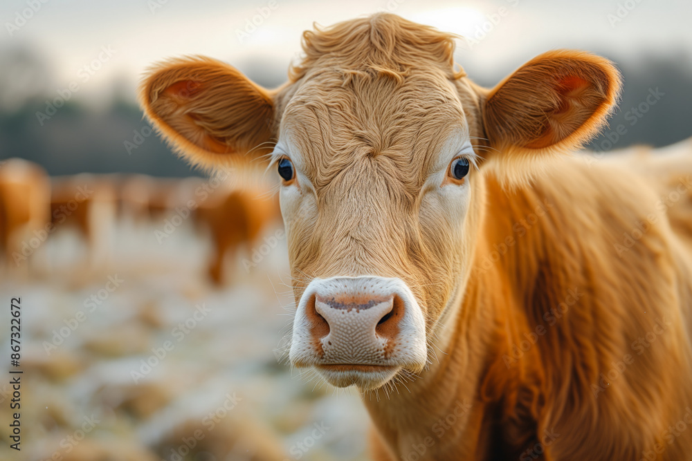 Portrait of brown calf looking at camera outdoors on pasture. Portrait of brown calf looking at camera outdoors on pasture.