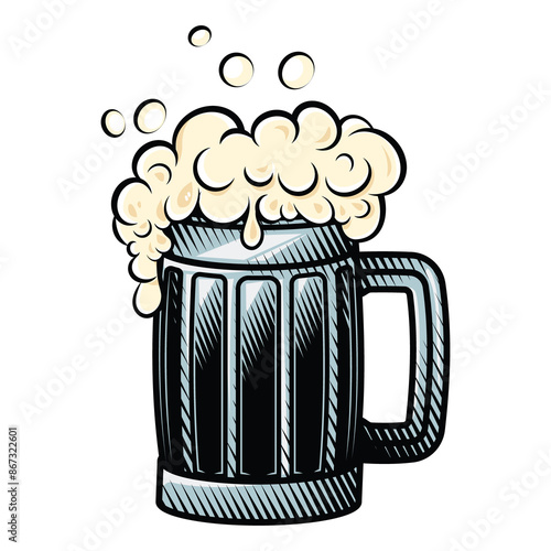 Beer mug. Vector illustration in engraving technique of a glass full of beer with splashy foam.