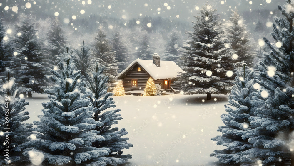 Christmas themed wooden house in pine forest covered in snow, Christmas trees, seasonal holiday background
