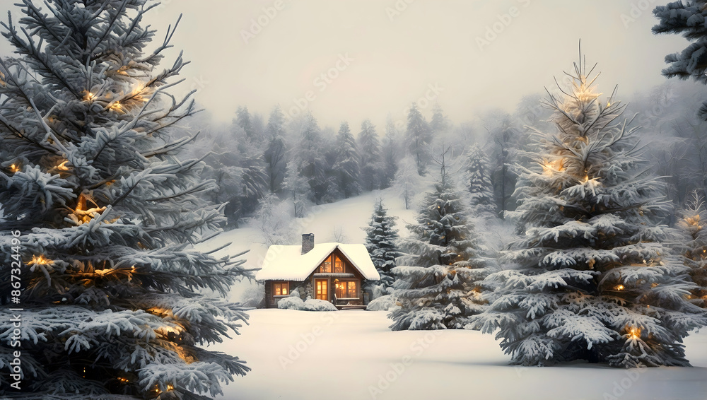 Christmas themed wooden house in pine forest covered in snow, Christmas trees, seasonal holiday background