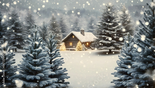 Obraz na płótnie Christmas themed wooden house in pine forest covered in snow, Christmas trees, seasonal holiday background w salonie