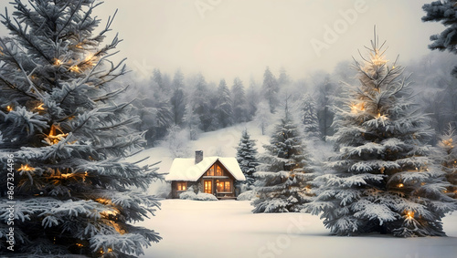 Obraz na płótnie Christmas themed wooden house in pine forest covered in snow, Christmas trees, seasonal holiday background w salonie