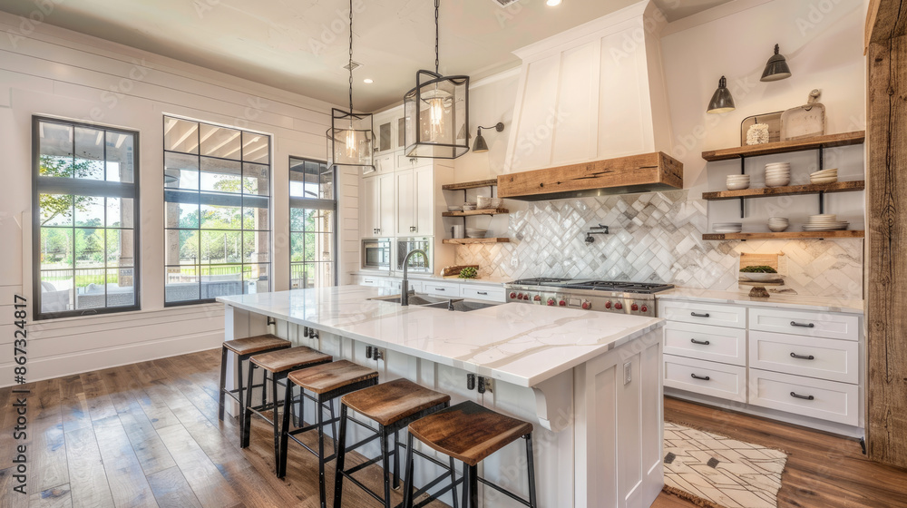 The kitchen has large marble island with hanging metal lights. The sink is white farmhouse with stainless faucet. The backsplash is made of marble hexagon tiles with white cabinets. The kitchen has large marble island with hanging metal lights. The sink is white farmhouse with stainless faucet. The backsplash is made of marble hexagon tiles with white cabinets.