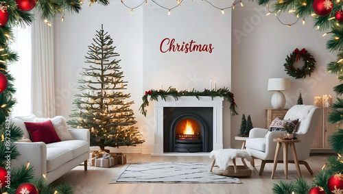 Merry Christmas decorated living room, Christmas tree, gifts, holiday background, festive template, decorations