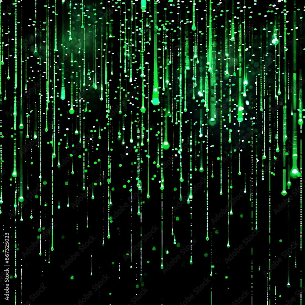 Green binary code rain drop showring in black background Green binary code rain drop showring in black background
