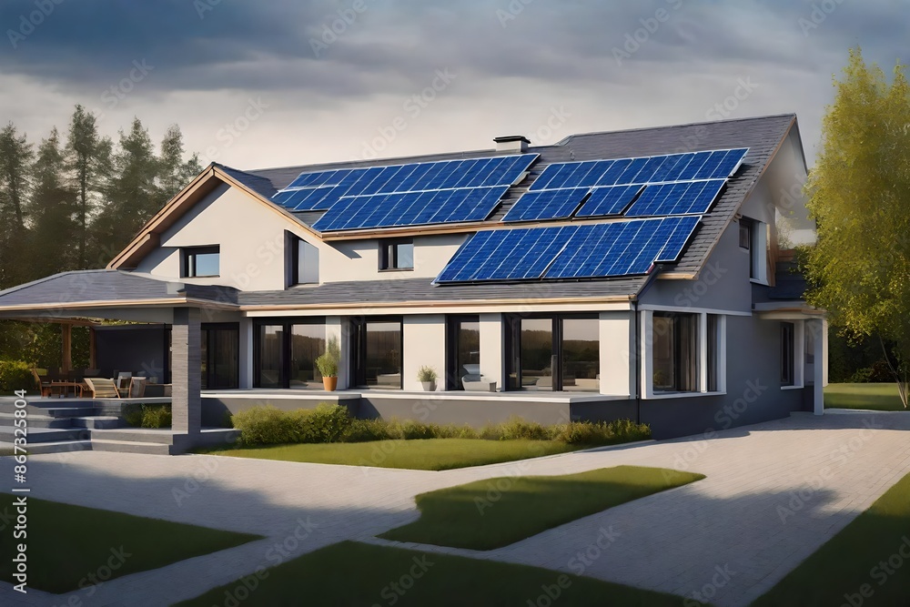 New suburban house with a photovoltaic system on the roof. New suburban house with a photovoltaic system on the roof.