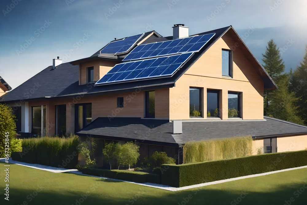 New suburban house with a photovoltaic system on the roof. New suburban house with a photovoltaic system on the roof.