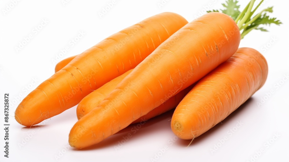 Detailed close up photography of three fresh carrots on a clean white background Detailed close up photography of three fresh carrots on a clean white background
