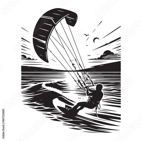 Kitesurfing Kite Surfing logo, silhouette vector on white background.