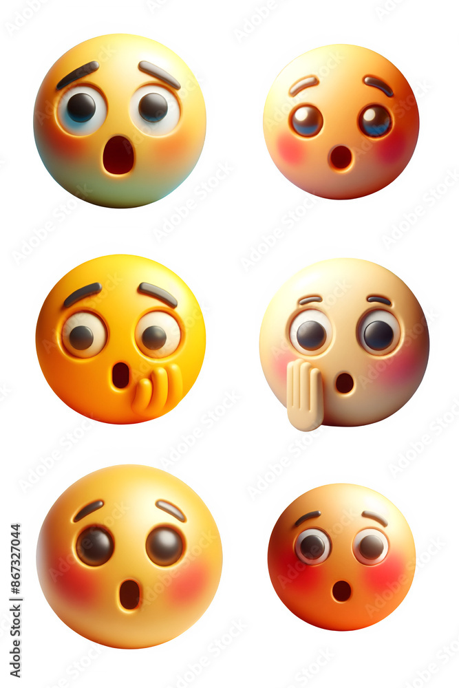 Six 3D emoji of a shocked or surprised face isolated on transparent background. Six 3D emoji of a shocked or surprised face isolated on transparent background.