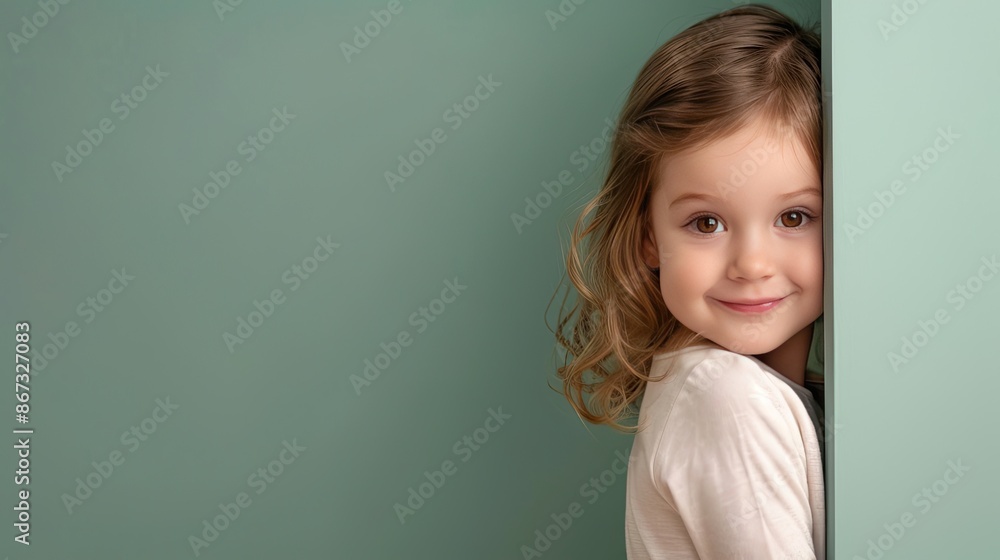 A young girl with blonde hair and a big smile leans against a white door, wearing a light blue denim jacket