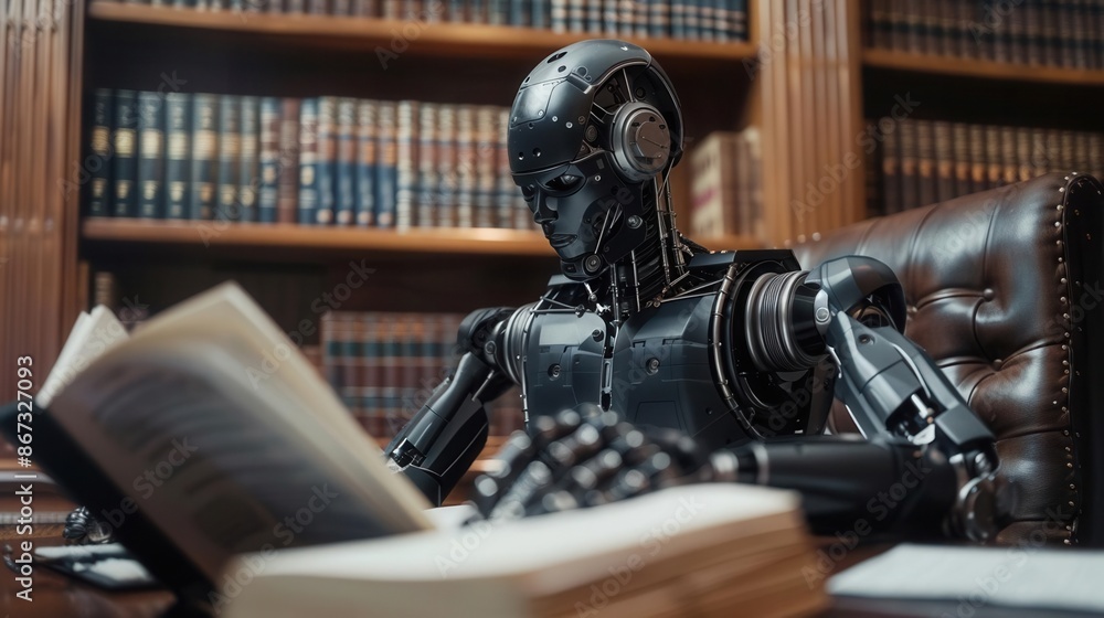 Robot lawyer reviewing bankruptcy case, future financial assistance Robot lawyer reviewing bankruptcy case, future financial assistance