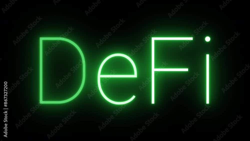 Flickering neon green glowing DeFi text animated on black background Flickering neon green glowing DeFi text animated on black background