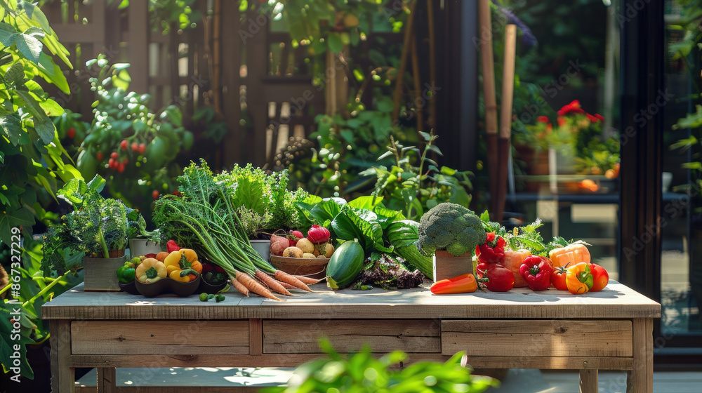 Vibrant veggies and fresh greens displayed on a table outside, creating a captivating banner design. Vibrant veggies and fresh greens displayed on a table outside, creating a captivating banner design.