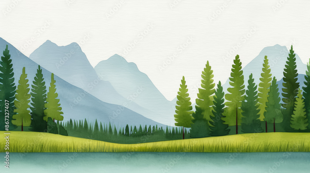 Fototapeta premium Watercolor illustration of enchanting Banff National Park with turquoise lake and rugged mountains bright simple watercolour 