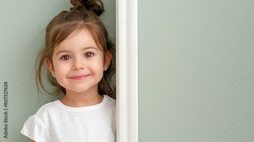 A young girl with blonde hair and a big smile leans against a white door, wearing a light blue denim jacket A young girl with blonde hair and a big smile leans against a white door, wearing a light blue denim jacket