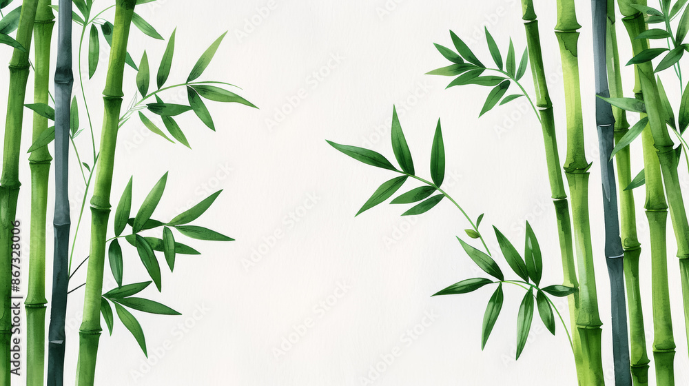 Naklejka premium Watercolor illustration of serene Kyoto bamboo forest with vibrant green foliage and path bright simple watercolour 