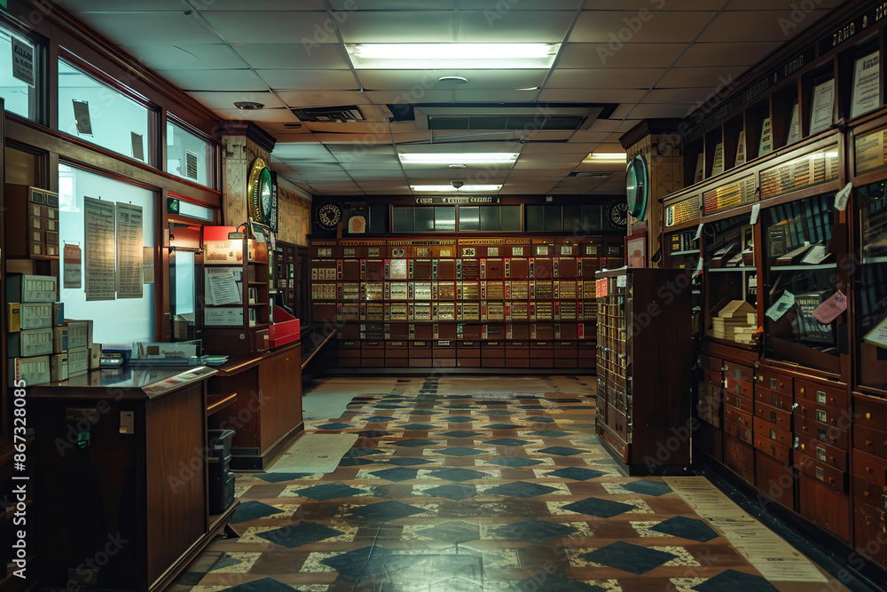 Front view of interior of post office. National post office day, postman's day Front view of interior of post office. National post office day, postman's day