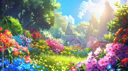 Vibrant Fantasy Garden with Blooming Flowers and Lush Trees, bathed in warm sunlight. Concept of spring, beauty, paradise, and tranquility.