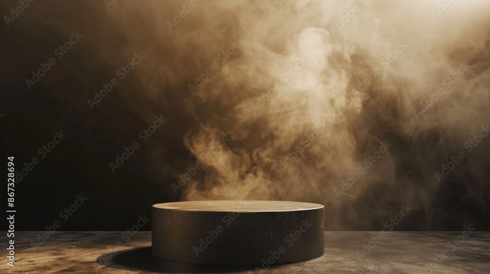 A Dark Brown Circular Pedestal With Smoke Rising in Front of a Brown Wall A Dark Brown Circular Pedestal With Smoke Rising in Front of a Brown Wall