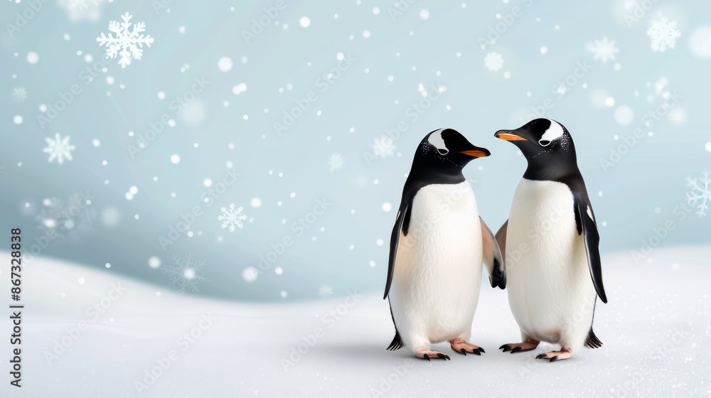 Fototapeta premium Winter watercolor frame with whimsical penguins and shimmering snowflakes icy pastel tones watercolour illustration 