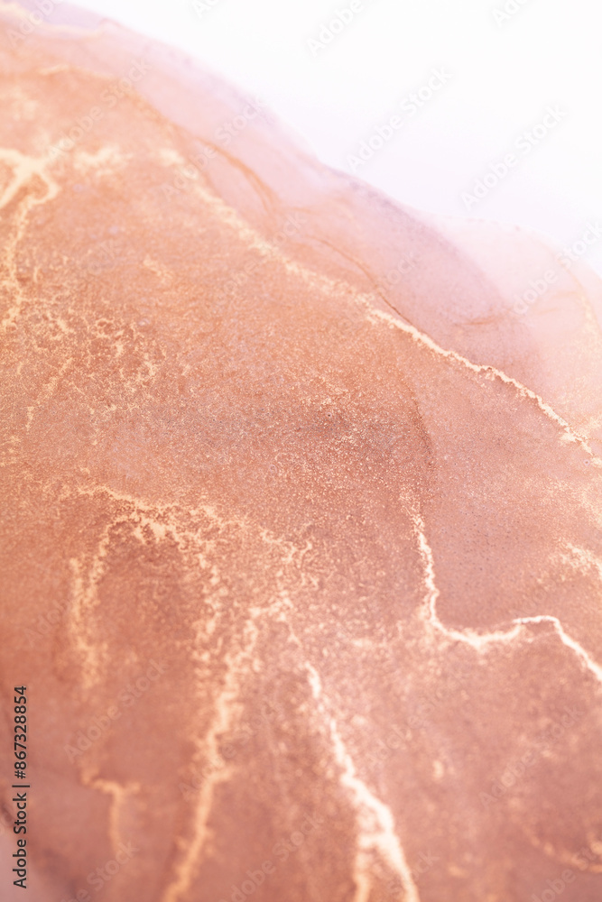 Fototapeta premium A close-up abstract image of swirling ink in shades of rose gold and grey. The intricate patterns create a unique and mesmerizing visual experience