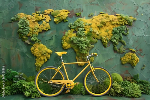 Yellow bicycle with a map of the world on a green background, world car free day ,