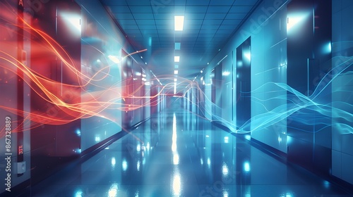 Health care concept，Double exposure of medical equipment and hospital corridor with E empirical waves background, representing advanced healthcare technology and scientific innovation