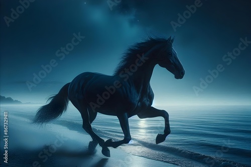 Midnight Majesty: Brave Black Horse Galloping Along the Seashore at Night wallpaper 
