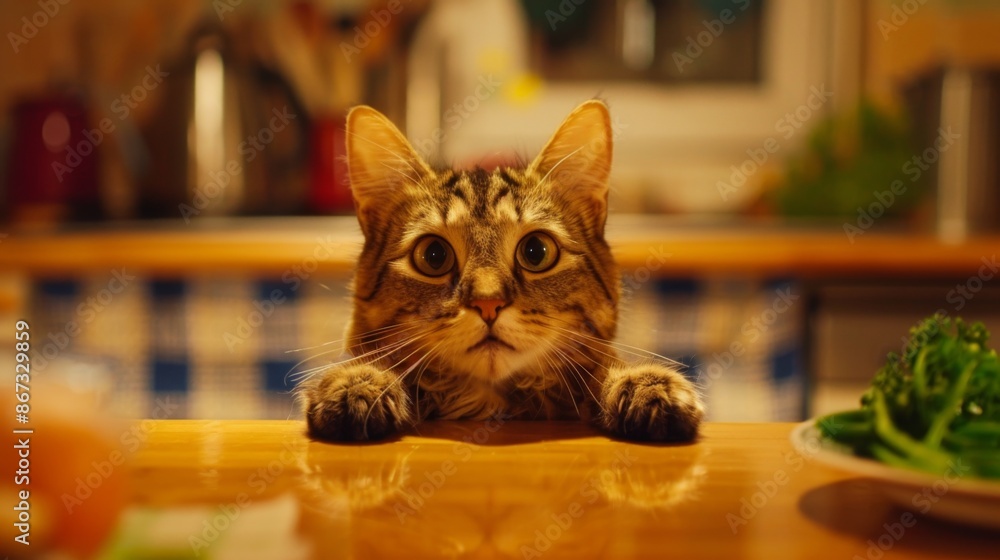A cat with its paws on a kitchen counter, eagerly anticipating a meal being prepared by its owner. A cat with its paws on a kitchen counter, eagerly anticipating a meal being prepared by its owner.