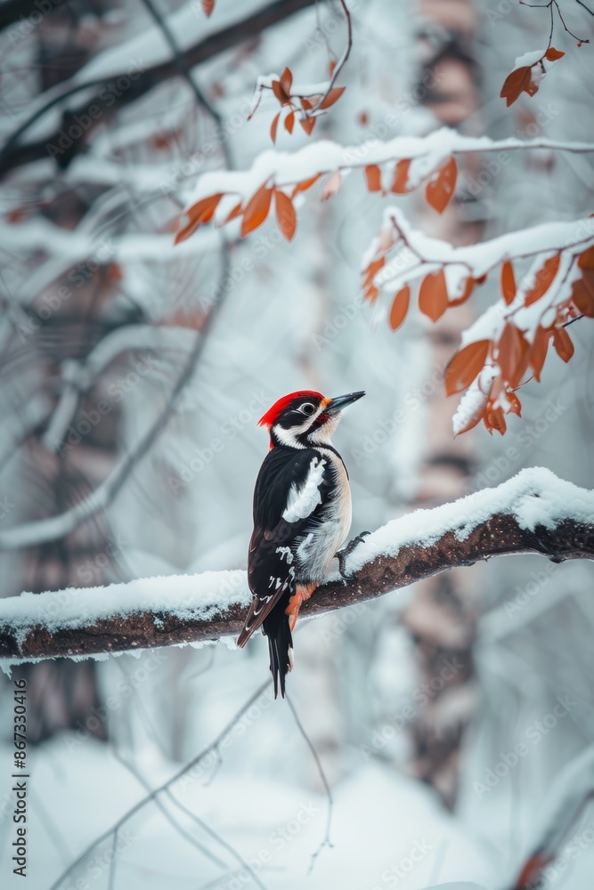 A male Great Spotted Woodpecker in the wintertime moist woodland A male Great Spotted Woodpecker in the wintertime moist woodland