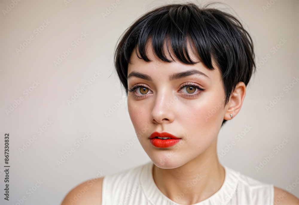 Young Caucasian Woman with Short Black Bob Hairstyle and Red Lipstick Young Caucasian Woman with Short Black Bob Hairstyle and Red Lipstick