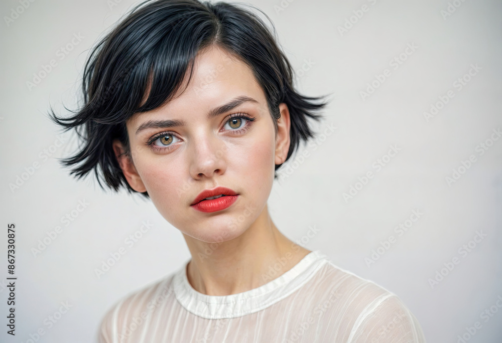 Young Caucasian Woman with Short Black Bob Hairstyle and Red Lipstick Young Caucasian Woman with Short Black Bob Hairstyle and Red Lipstick