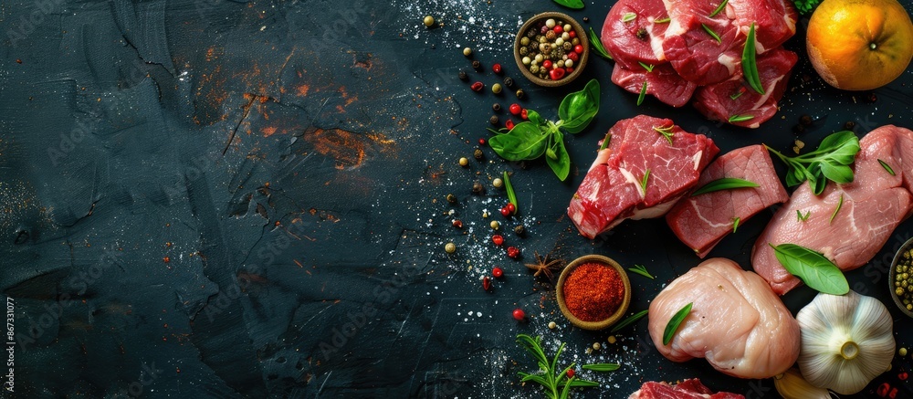 Assorted raw meat with spices on a dark surface. Overhead view with room for text. Assorted raw meat with spices on a dark surface. Overhead view with room for text.