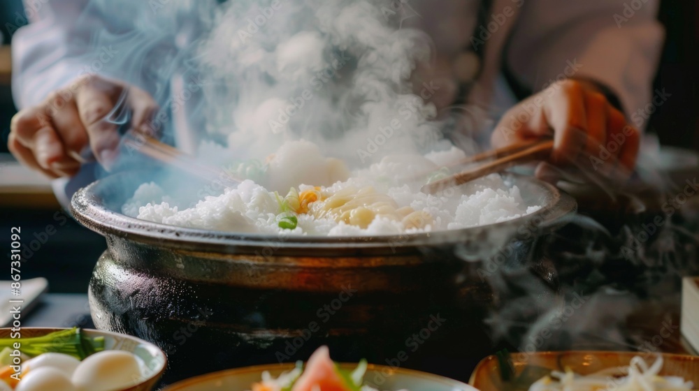 A chef serving a bowl of steaming rice alongside a shabu-shabu meal, offering a complete dining experience. A chef serving a bowl of steaming rice alongside a shabu-shabu meal, offering a complete dining experience.