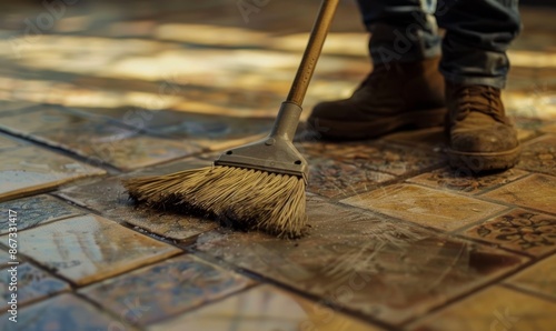 Wallpaper Mural person sweeping old, worn tiles with antique broom on home floor, blurred background emphasizing details of tile textures and dustpan brush bristles, symbolizing cleaning or repairing indoor surfaces Torontodigital.ca
