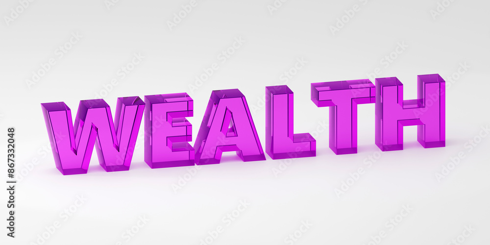 Luxury purple glass inscription wealth on grey podium with pencil, soft light, smooth background, 3d rendering Luxury purple glass inscription wealth on grey podium with pencil, soft light, smooth background, 3d rendering
