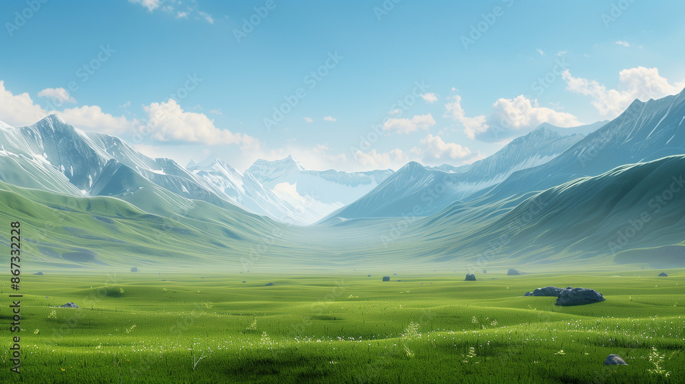 simplistic flat grassy landscape, large distant mountains simplistic flat grassy landscape, large distant mountains