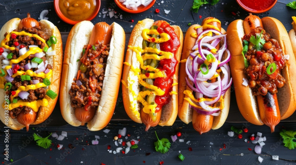 A colorful array of gourmet hot dogs with creative toppings like chili, cheese, and onions, representing American street food. A colorful array of gourmet hot dogs with creative toppings like chili, cheese, and onions, representing American street food.