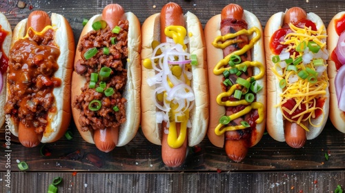 A colorful array of gourmet hot dogs with creative toppings like chili, cheese, and onions, representing American street food.