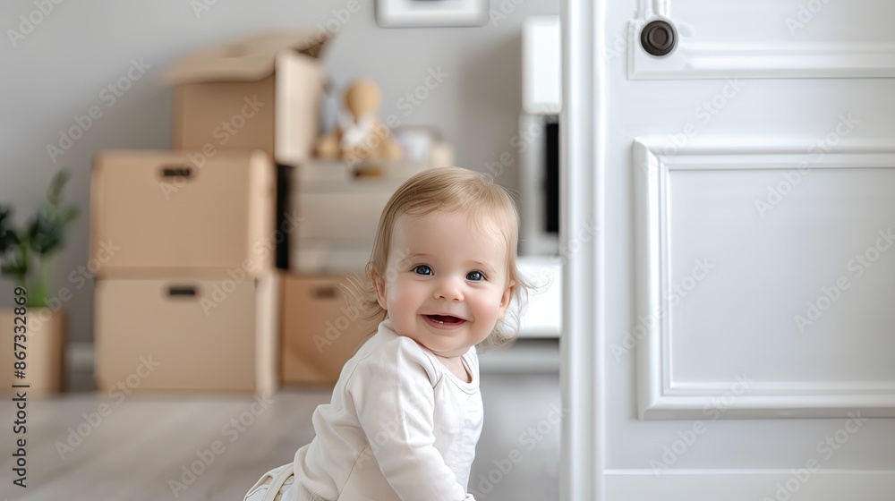 A young girl with blonde hair and blue eyes peeks out from behind a wooden door, smiling at the camera. A young girl with blonde hair and blue eyes peeks out from behind a wooden door, smiling at the camera.