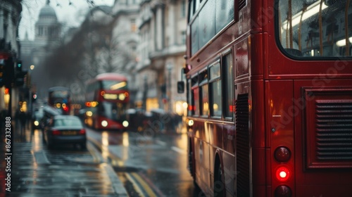 A red double-decker bus drives down a busy street in London, England. The rain is falling, and the street is wet