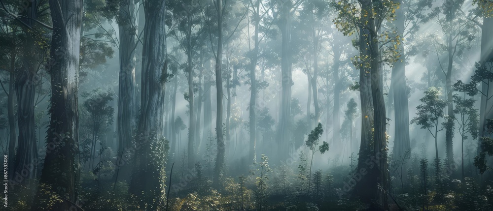 Obraz premium Mystical forest shrouded in fog with tall trees and dense foliage, creating an enchanting atmosphere filled with mystery and serenity.